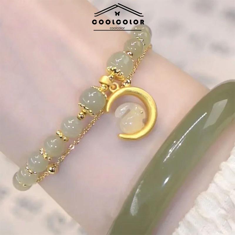 COD❤️Gelang Rantai Manik-Manik Giok Hetian Alami Desain Kelinci Bulan Untuk Wanita- cl