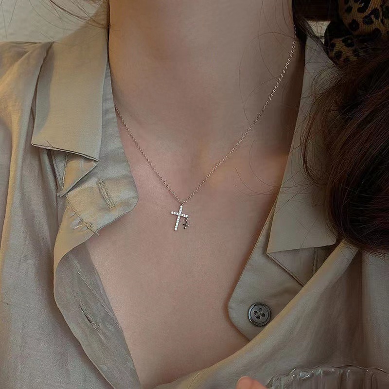 Cross Crystal Pendant Necklace Simple Gold Silver Chain Choker for Women Jewelry Accessories