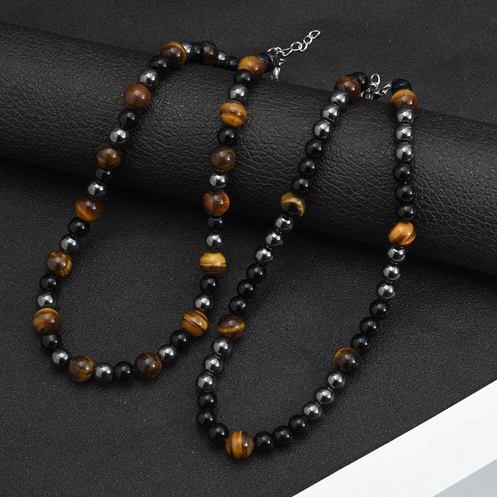 Kalung Manik-Manik Tiger Eye Vintage Pria/Kalung Obsidian Sederhana/Kalung Rantai Panjang/Kalung Choker Basic Sehari Hari/Aksesoris Perhiasan