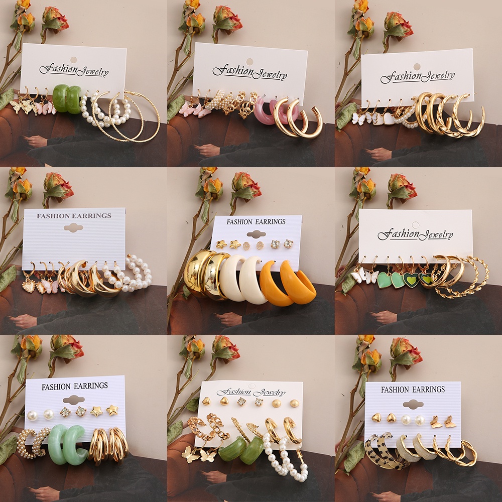 AY(CN) Set Anting Hoop Bentuk Butterfly Hati Bintang Aksen Mutiara Kristal Warna-Warni Untuk Wanita