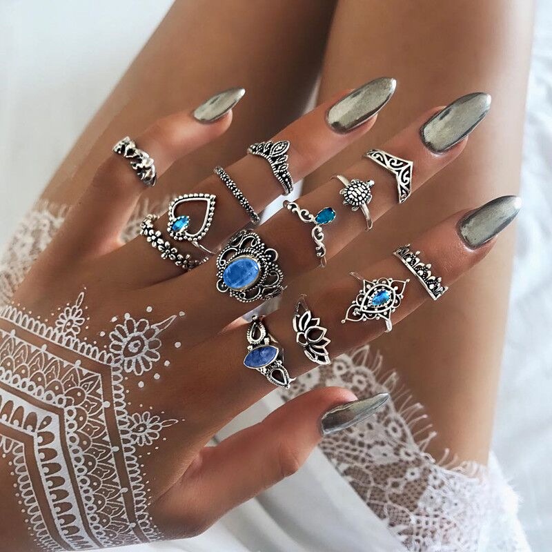 6 /10 /13 /16 pcs/set Retro Cincin Warna Perak Etnik Vintage Cantik Cincin Berongga Geometris Bunga Cincin Kepribadian Elegan Fashion Wanita Perhiasan Aksesoris