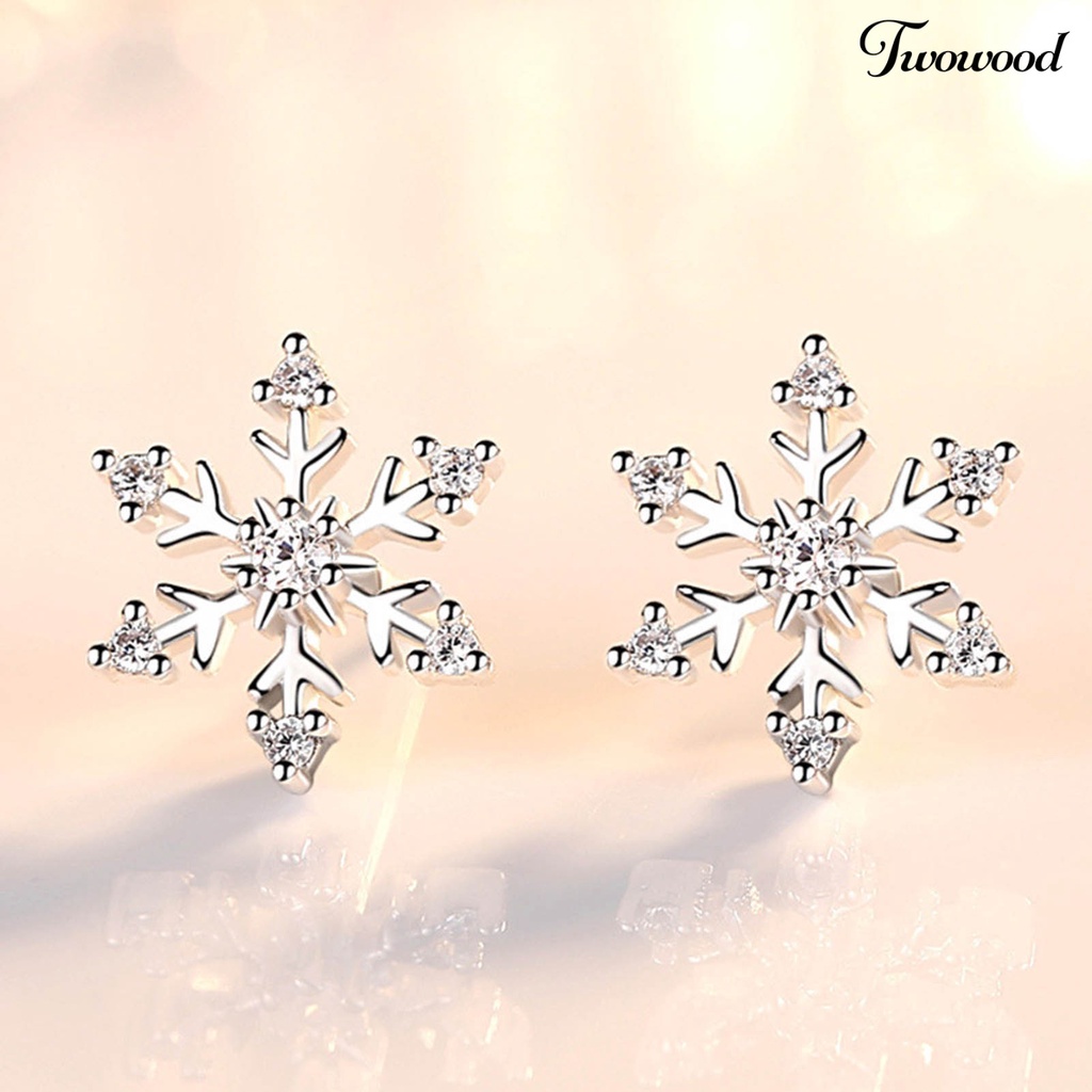 Twowood 1pasang Ear Studs Elegan Geometris Berlian Imitasi Mengkilap Hias Berkilau Berdandan Hadiah Natal Wanita Snowflake Stud Earrings Perhiasan Pakaian Sehari-Hari