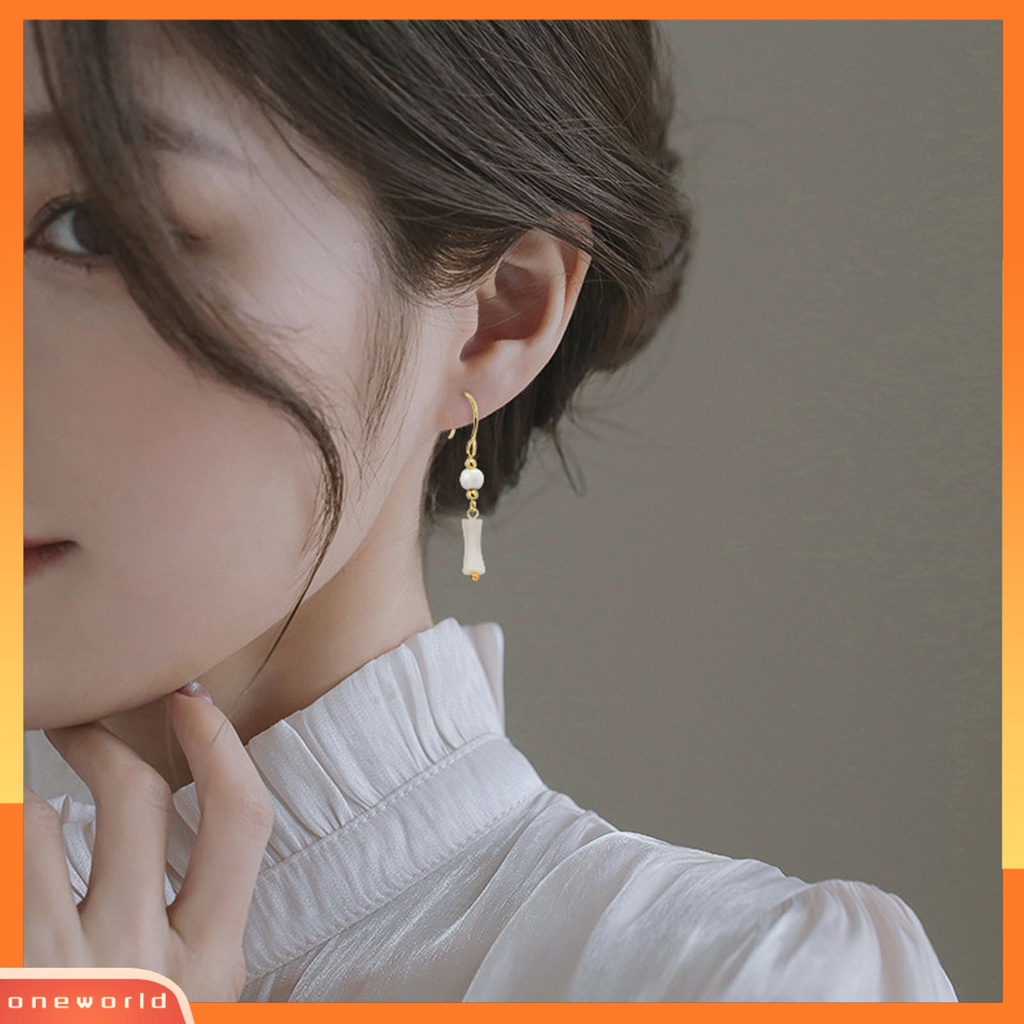 [OWR] 1pasang Anting Menjuntai Manik-Manik Mutiara Imitasi Gaya China Faux Hetian Jade Bamboo Joint Hook Earrings Aksesoris Perhiasan