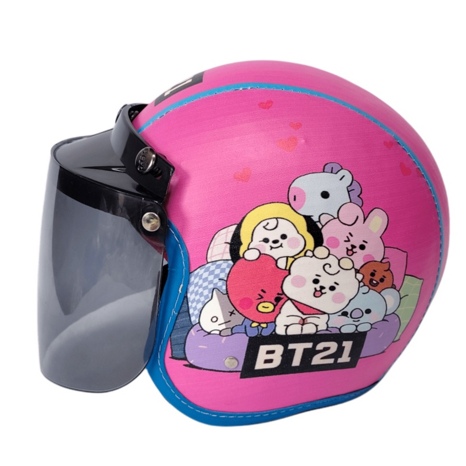 Helm Anak Bogo Retro Usia 2 3 4 5 6 Tahun Full Kulit Printing Bts Bt21 Lucu Imut Pink Cream Kaca Flat Datar