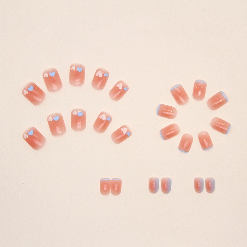 Paku Palsu Motif Love Biru Putih Pink Blush Kuku Palsu Persegi Isi 24pcs/box R739