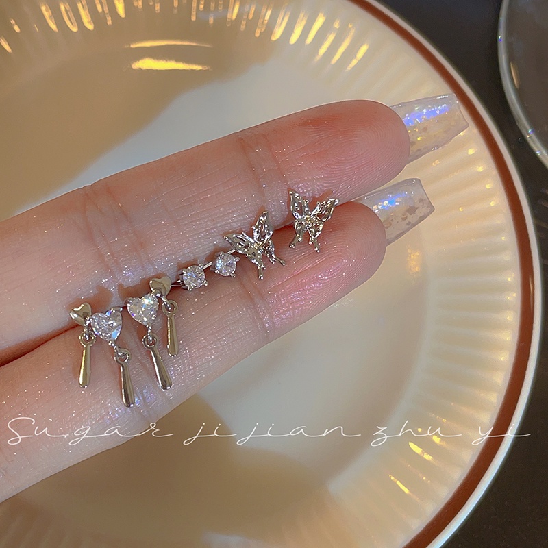 6pcs/set Anting Tusuk Silver Set Untuk Wanita Zirkon Hati Cair Butterfly Earing Aksesoris Perhiasan