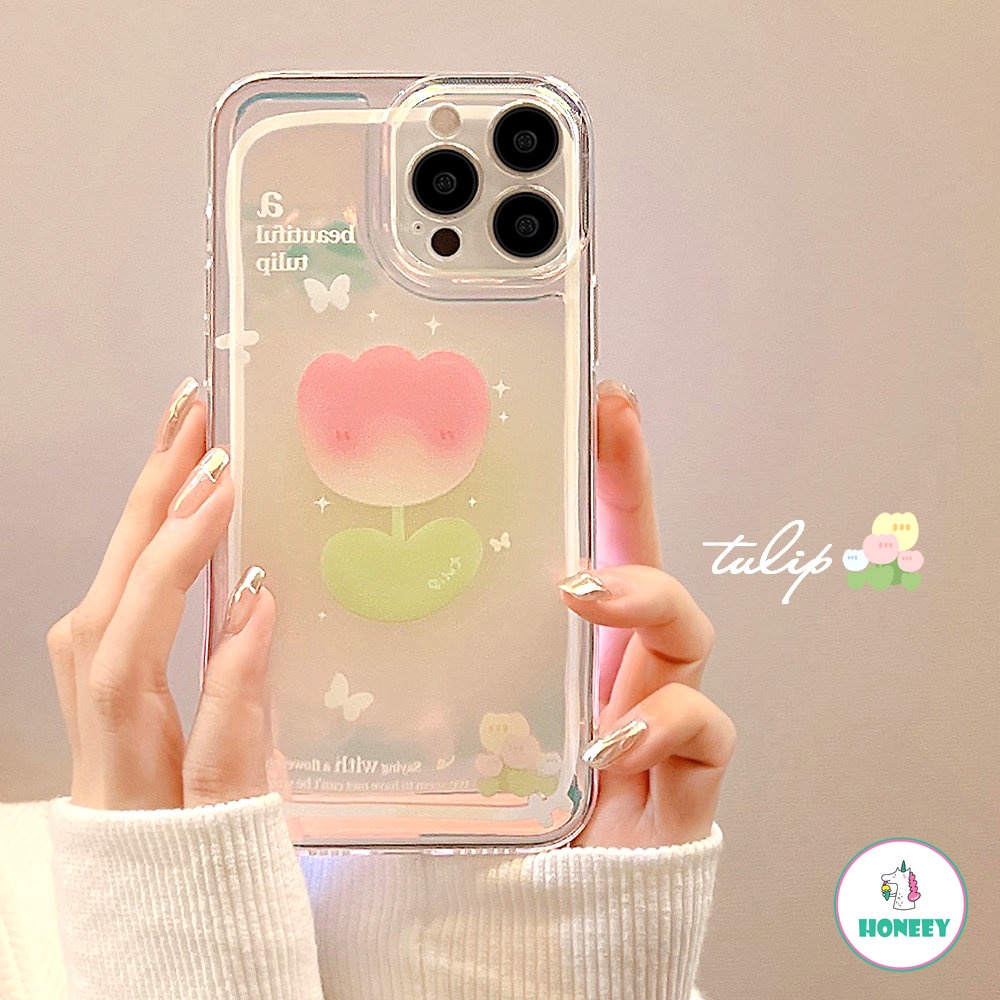 IPHONE Fashion Laser Bunga Tulip Shiny Butterfly Back Shell Untuk Iphone14 13 Pro Max Xr Xsmax X12 11 Promax7 8 Plus Casing Ponsel