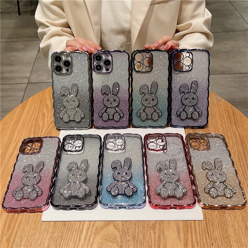 Luxury flash drill rabbit wavy border silicone soft shell phone case Kompatibel Untuk iphone14promax 13 12 11promax iphone11Pro Gradiasi shockproof back cover casing