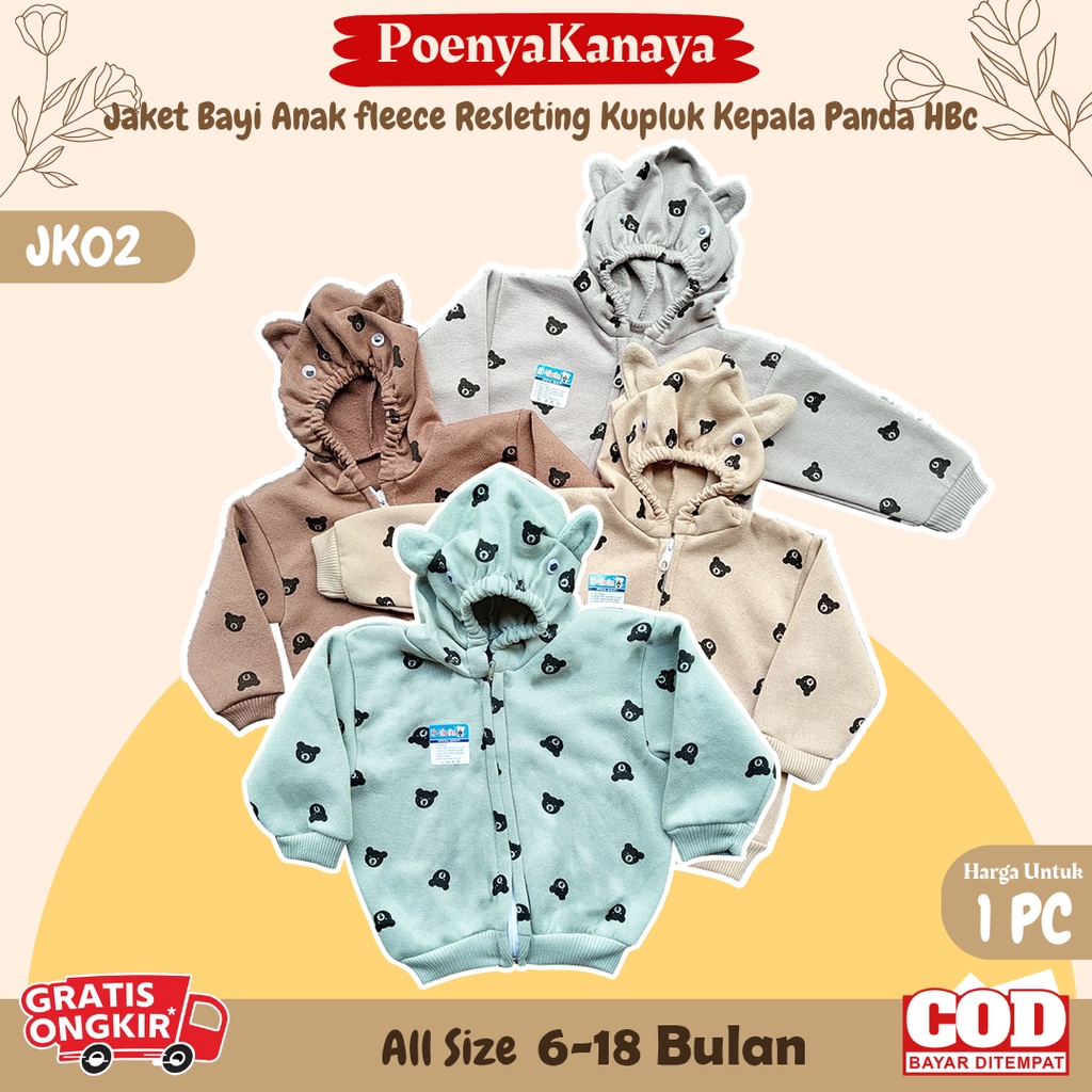 Jaket Bayi Anak fleece Resleting Kupluk Kepala Panda HBc Size 6-18 Bulan JK02