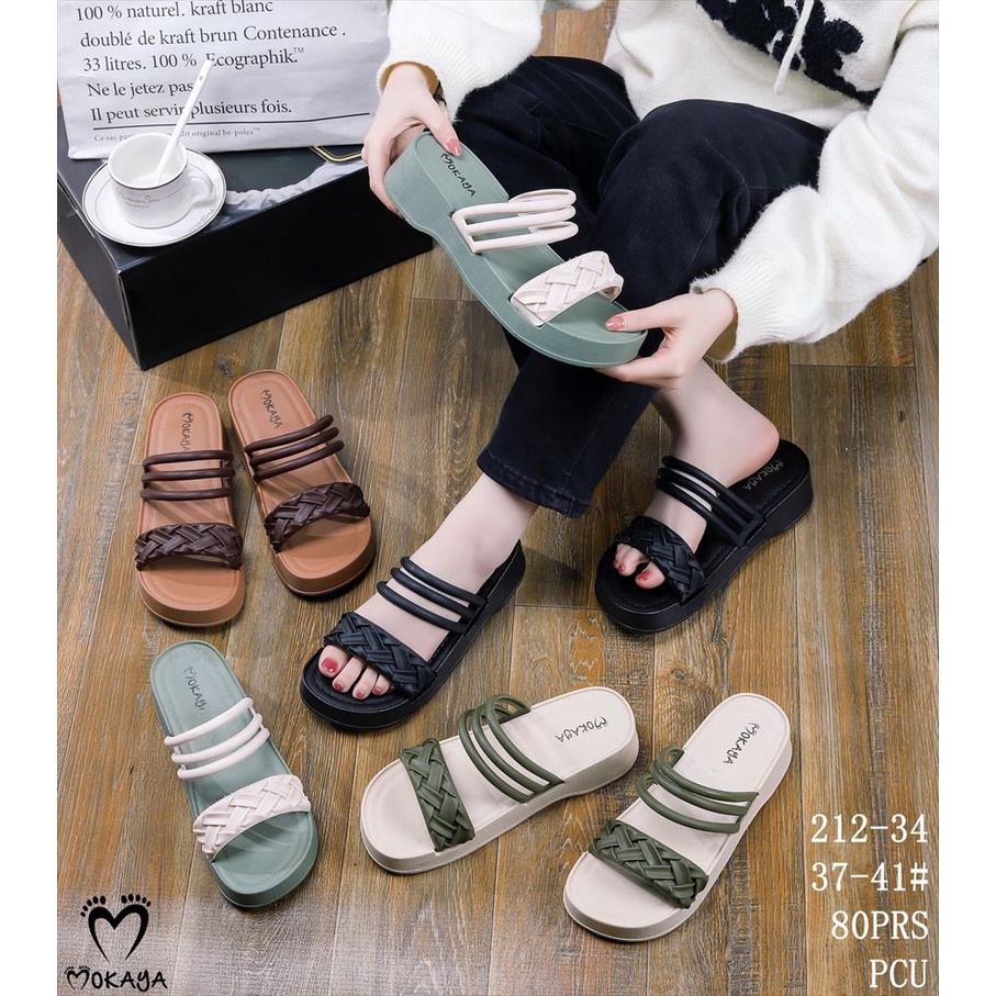 Sandal Slop Wedges Wanita Ban Anyam Tali 3 Super Empuk Pretty Kekinian Import Mokaya / Size 37-41 (212-34)