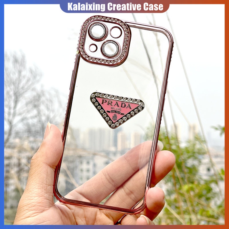 Casing Ponsel Prada Bertabur Berlian Untuk iPhone 14 Pro Max 13 Pro 12 Pro 11 Pro Max Transparan Plating Soft Casing Cover Belakang