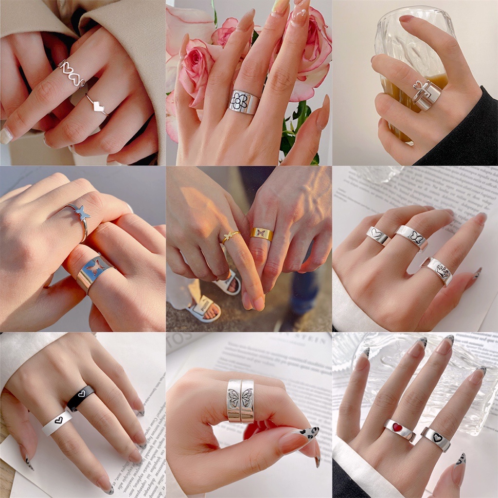 AY(CN) Ifyou Set Cincin Pasangan Desain Kupu-Kupu, Hati, Bintang Warna Emas / Silver Untuk Pria / Wanita