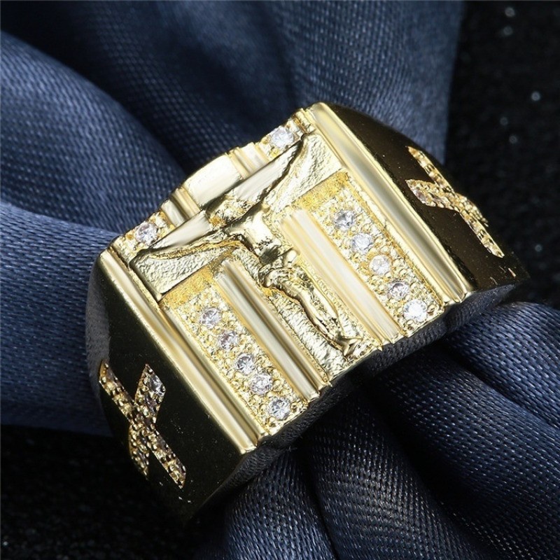 Hip Hop Vintage Salib Yesus Berlian Emas 18K Pria Cincin Perhiasan Aksesoris