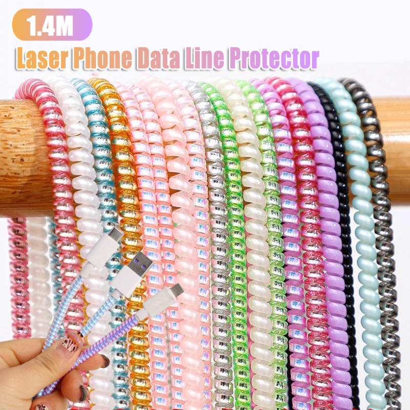 1.4 M Warna-Warni Ponsel Laser Data Line Pelindung Penutup TPU Spiral USB Charging Cable Protection Cord Universal Anti Putus Musim Semi USB Charger Wire Winder Organizer