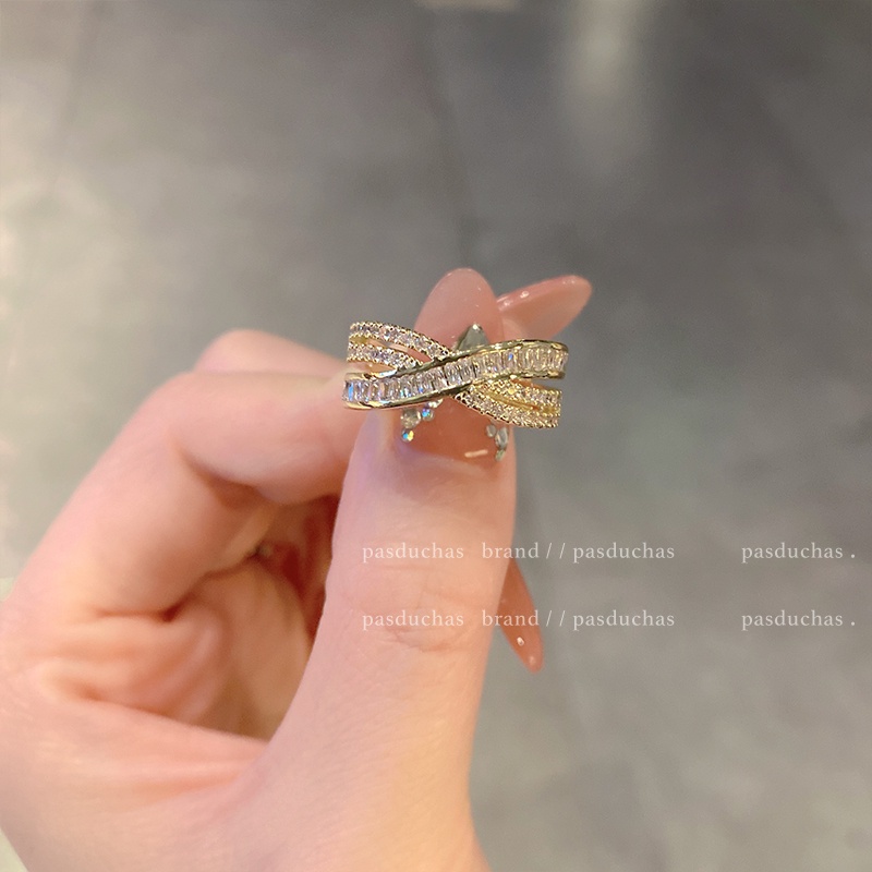 Perak925 Berlian Berkilau Zirkon X Cincin Terbuka Wanita Korea Pasangan Aksesoris Hadiah