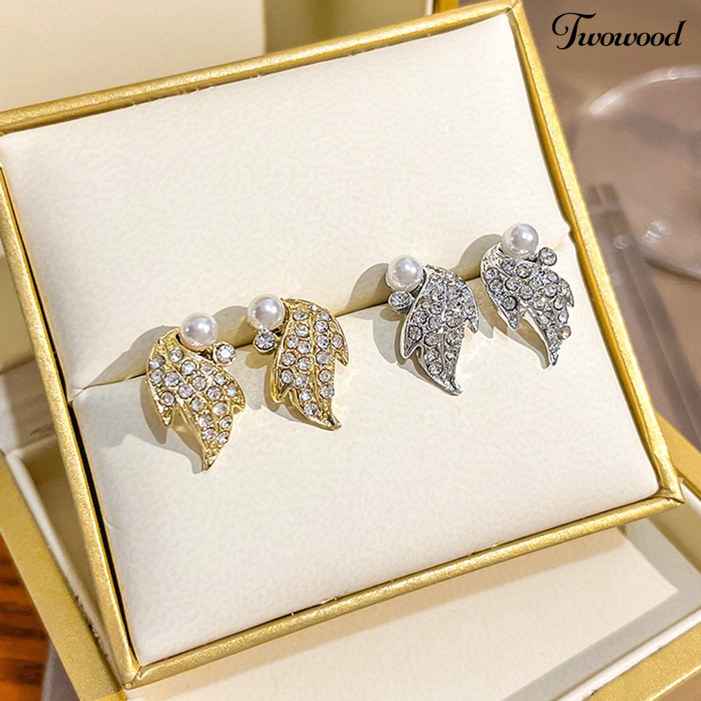 Twowood 1pasang Ear Studs Geometric Shiny Full Rhinestones Sparkling Electroplating Hias Hadiah Wanita Maple Leaf Stud Earrings Musim Gugur Perhiasan Fashion Aksesori