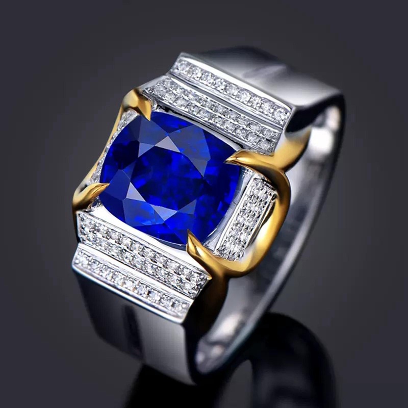 Cincin Safir Simulasi Kualitas Mewah Untuk Pria Cincin Perjamuan Pernikahan Permata Biru Warna-Warni