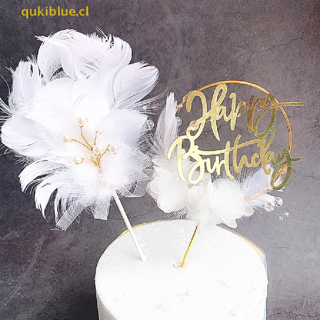 Qukiblue Mutiara Busur Bulu Happy Birthday Cake Topper Wanita Lajang Dekorasi Pesta cl