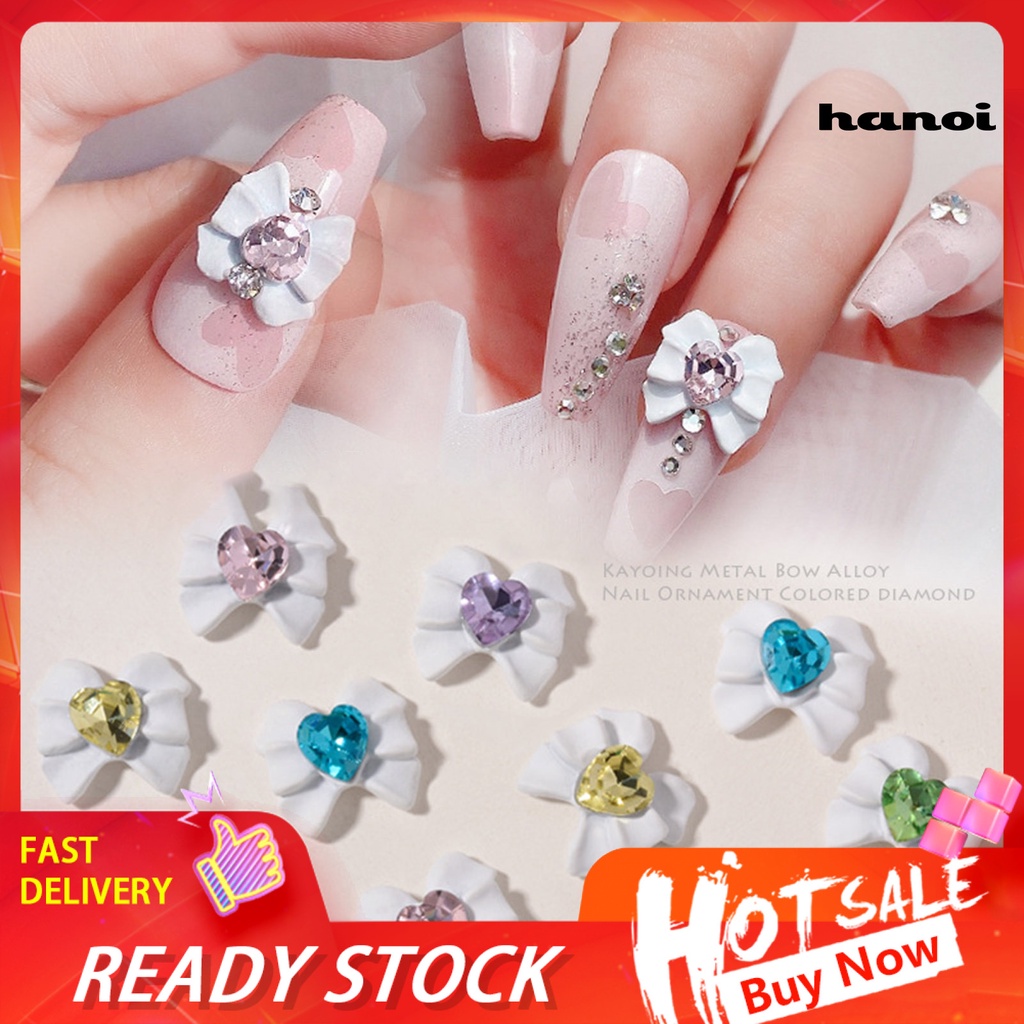 Hi 2Pcs Kuku Berlian Imitasi Indah Busur Cinta Hati Pesona Aksesoris Nail Art Charms Manicure Jewelry Untuk Salon Kuku