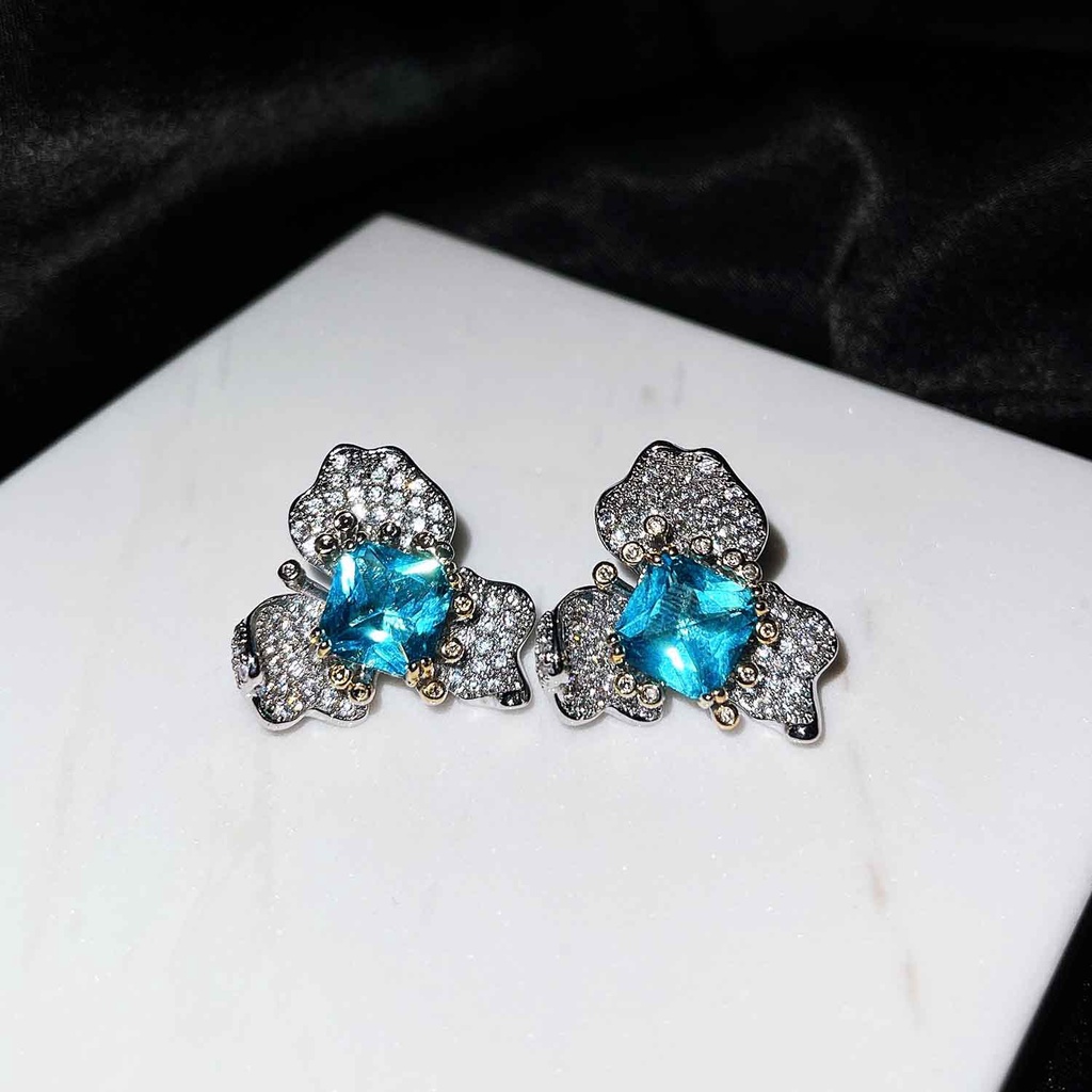 Goldkingdom Fashion Perhiasan Aksesoris Ready Stock Gaoding Jewelry Anting Bunga Temperamen Suasana Mode Swiss Blue Topaz Cincin Rasa Tinggi Kalung Set Perempuan