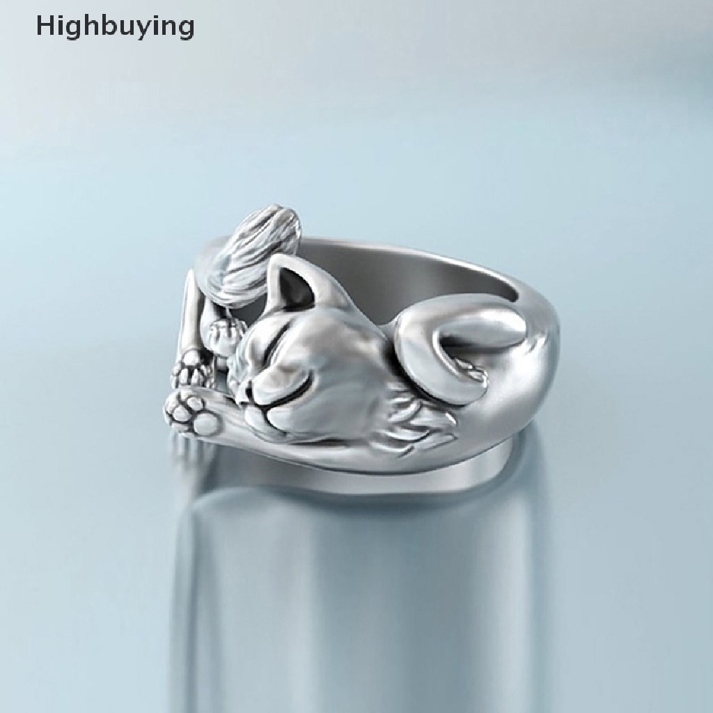 Hbid Perak Disepuh Vintage Lucu Kucing Cincin Wanita Perhiasan Trendi Adjustable Cincin Hadiah Aksesoris Pesta Glory