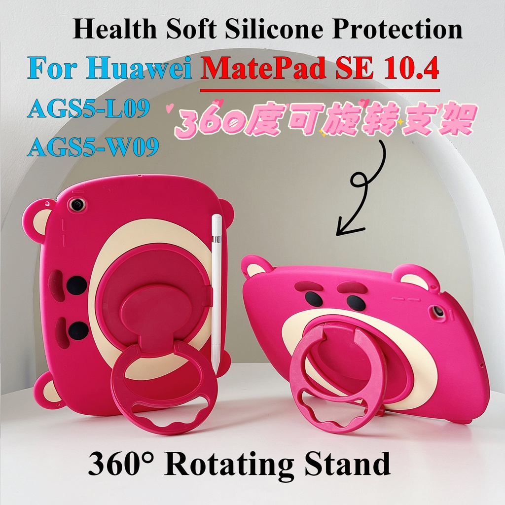 Untuk Huawei MatePad SE 10.4 (2022) AGS5-L09 AGS5-W09 Casing 10.4-inch Fashion360° Rotating Ring Stand Case Silikon Lembut Lucu Kartun Hewan Strawberry Bear Tablet Penutup Pelindung