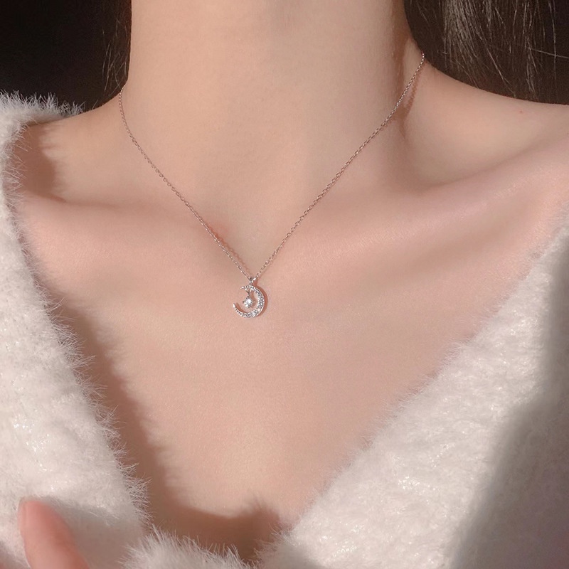 Korea Elegan Bulan Berlian Kristal Liontin Rantai Perak Wanita Fashion Perhiasan Aksesoris Pesona Klavikula Choker Kalung