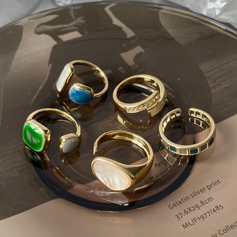 Roselife Korea Vintage Emas Shell Hijau Biru Permata Terbuka Cincin Untuk Wanita Perempuan Trendi Susun Rings Adjustable Finger Cuff Perhiasan Aksesoris