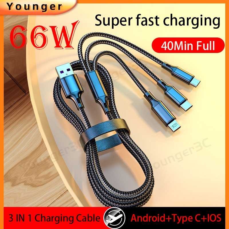 3in1 66W Kabel Pengisian Super Cepat 6A Nylon Braided Charging Data Line 1.2M/2M Kabel Data USB Untuk i-phone/Tipe C/Android