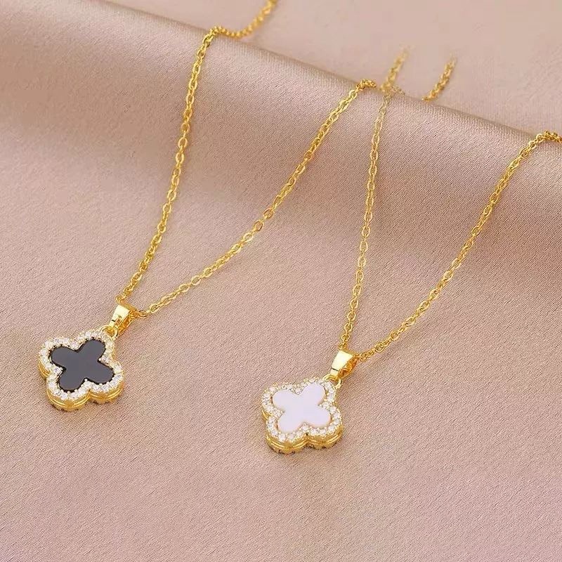 Elegan Empat Daun Semanggi Liontin Kalung Vintage Emas Rantai Choker Wanita Perhiasan Aksesoris