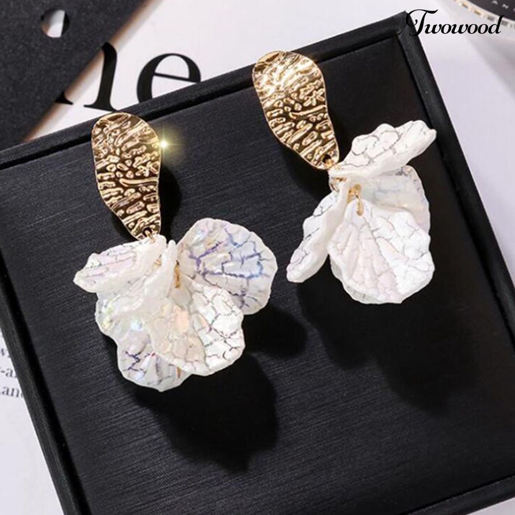 Twowood 1pasang Drop Earrings Kelopak Bunga Liontin Berlebihan Electroplating Kresek Shell High Gloss Berdandan Fashion Item Trendi Wanita Menjuntai Anting Perlengkapan Kostum