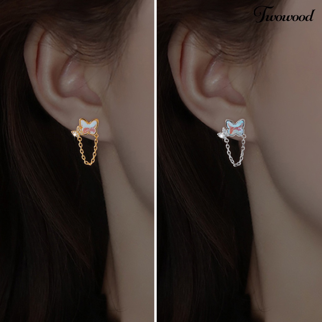 Twowood 1pasang Ear Studs Mini Faux Moonstone Elegan Berlian Imitasi Tertanam Kupu-Kupu Rantai Wanita Anting Fashion Perhiasan