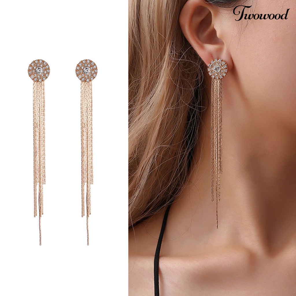 Twowood 1pasang Wanita Anting Kristal Imitasi Bersinar Rumbai Electroplating Lurus Gantung Berdandan Aksesori Panjang Rumbai Menjuntai Anting Gantung Perlengkapan Kostum