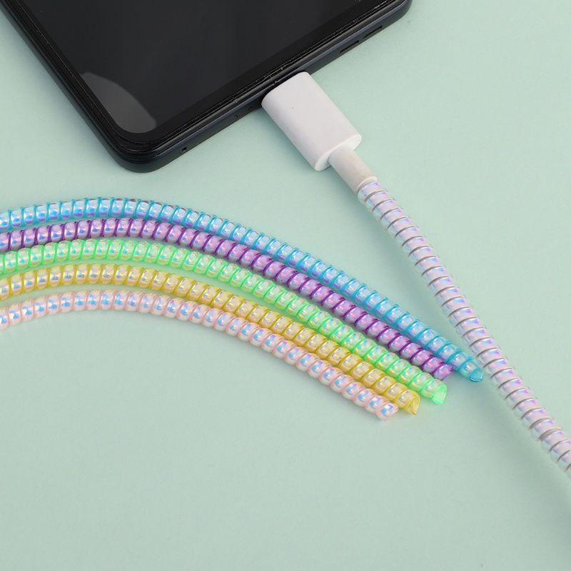 1.4m Laser Color TPU Spiral USB Charging Cable Protector Universal Multicolour Wrap Data Line Earphone Cord Dekorasi Winder