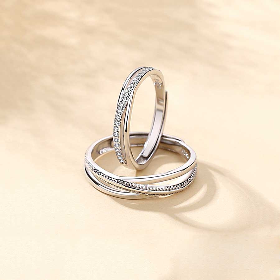 Elegan Salib Berlian Kristal Cincin S925 Sterling Perak Pasangan Pria Wanita Fashion Perhiasan Pernikahan Pertunangan Couple Rings Adjustable Size