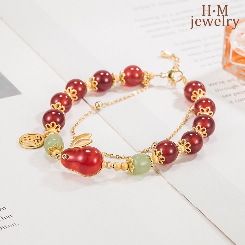 Giok Hare Hetian Jade Double-Layer Bracelet 2023gelang Batu Akik Merah Kelinci