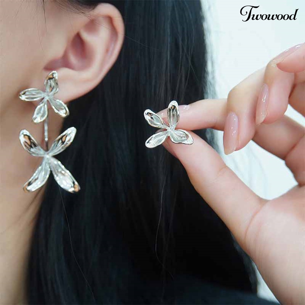 Twowood 1pasang Wanita Anting Asimetri Tiga Dimensi Bentuk Bunga Electroplating Kepribadian Menghias Kembali Gantung Wanita Gadis Geometris Stud Earrings Fashion Perhiasan