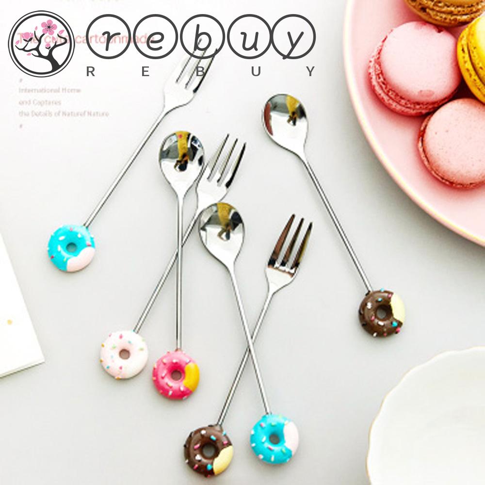 REBUY Doughnut Teaspoon High Quality Fruit Fork Coffee Spoon Ice Cream Kitchen Tool Creative Stainless Steel Fashion Sugar Stirring Spoon