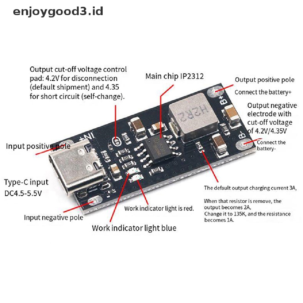 [Rready Stock] Tipe-C Input USB Arus Tinggi 5V Polymer Ternary Lithium Papan Pengisian Cepat Cepat Modul (ID)