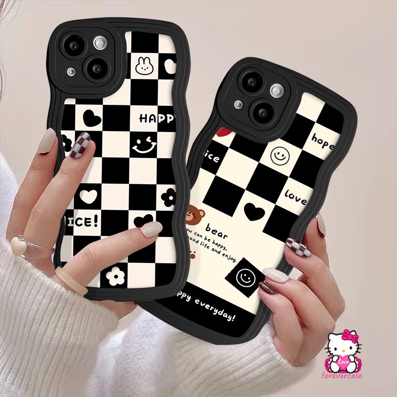 Papan Catur Cute Bear Smile Case Oppo A15 A54 A58 A5s A16 A96 A16s A12 A16K A3s A74 A55 A5 A9 A76 A78 A17 A95 A17K A57 A52 A7 Reno 8 7 6 8Z 77 A7 A77s A1k A53 Wavy Edge Sarung Soft Cover