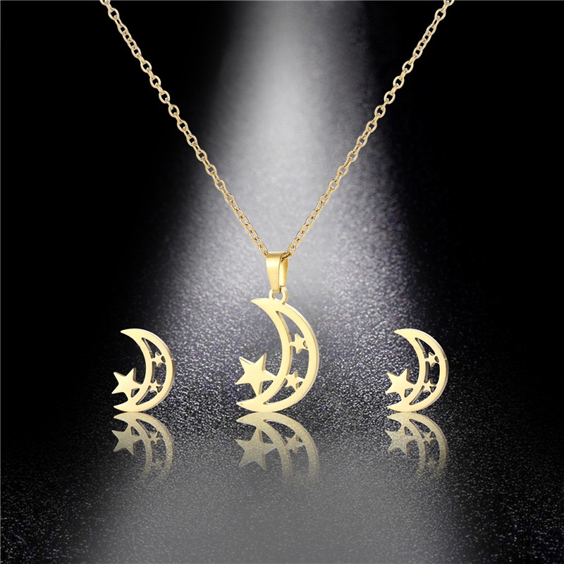 Fashion hollowed-out moon star suit men's and women's star moon necklace earrings three-piece set of personalized accessories collarbone chain