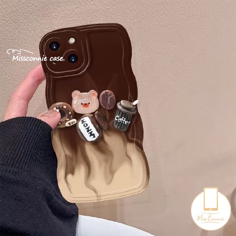 IPHONE Case Beruang Mainan Kartun Lucu 3D Kompatibel Untuk Iphone11Xr 78 Plus 13 12 14 11 Pro Max X XS Max 6s 6 14 Plus SE 2020 Donat Kopi Coklat Gradasi Wavy Edge Soft TPU Cover