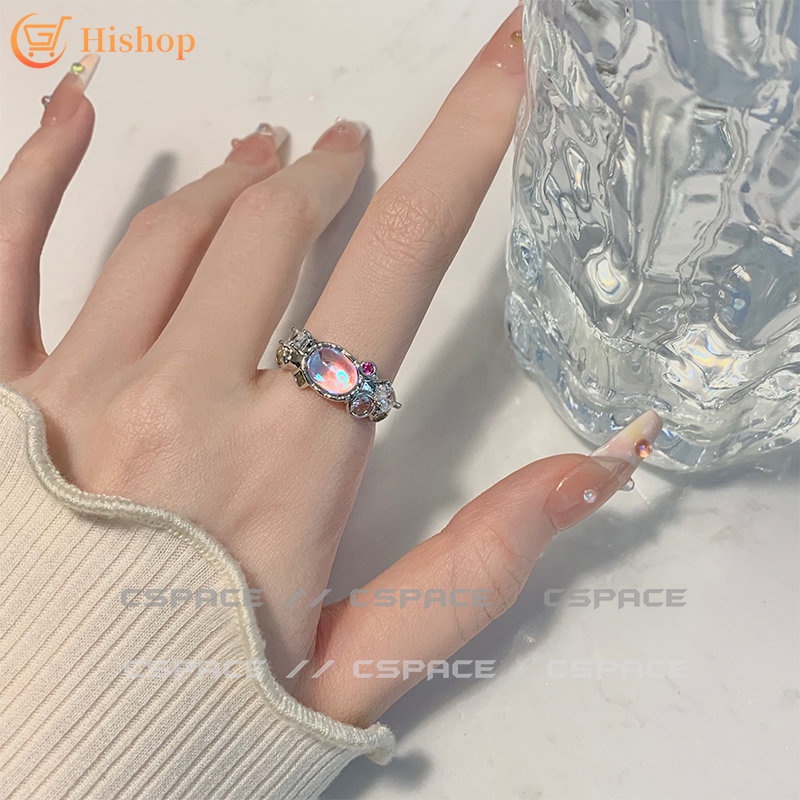 Cincin Silver Open Ring Colorful Moonstone Zircon Untuk Wanita Perhiasan Aksesoris Mewah