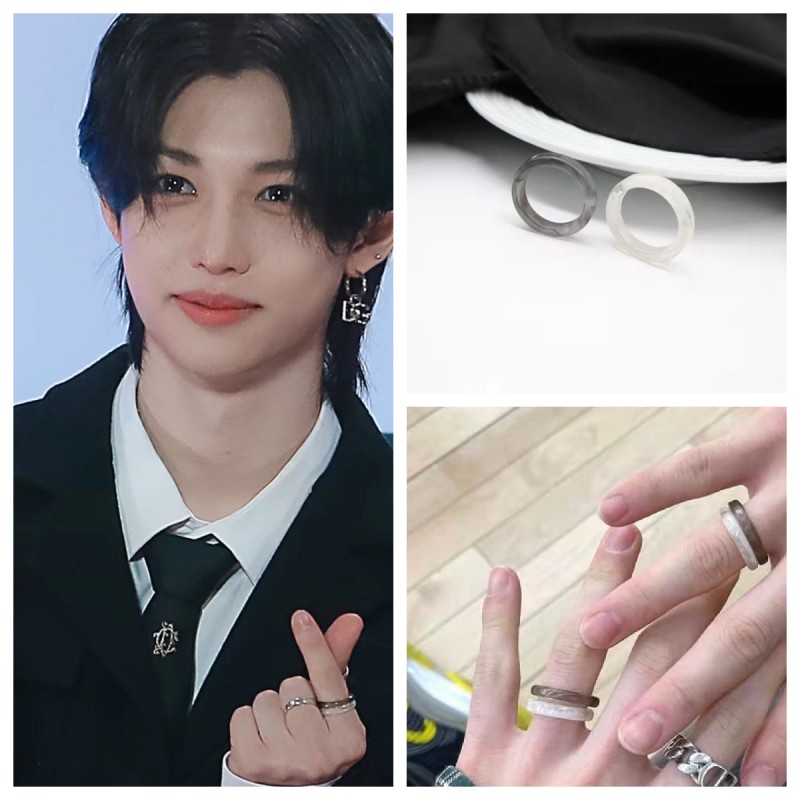 Kpop Stray kids Hyun Jin Felix Homaica Same Ring 2pcs/Set Cincin Pasangan Kekasih Hitam Putih Barang Anak Stray