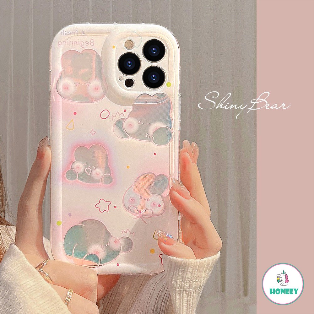 Girly Heart Laser Pink Blush Bunny Phone Case Untuk IPhone 13 Pro 11 12 14 Pro Max Silikon Lembut Shockproof Penutup Belakang