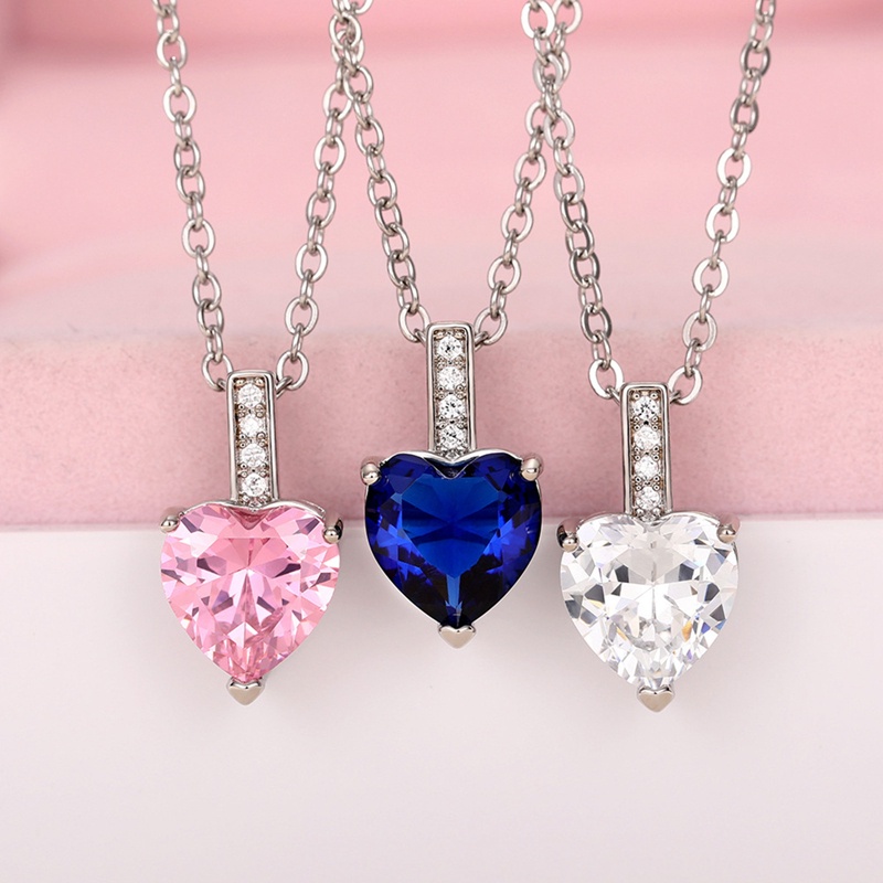 Kalung Liontin Cubic Zirconia Pink Biru Putih Hati Untuk Wanita Pertunangan Pernikahan Trendi Perhiasan Romantis Cinta Necklace