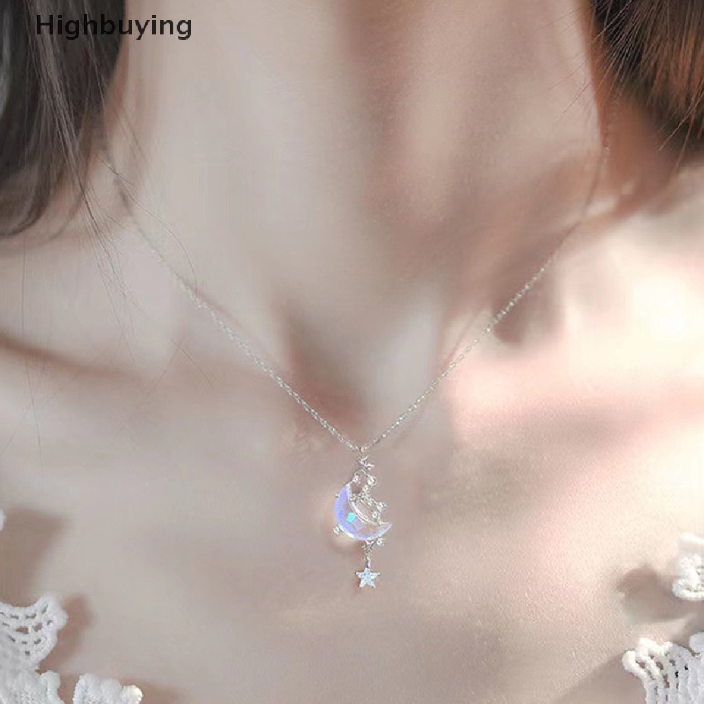 Hbid Bintang Bulan Moonstone Titanium Steel Rantai Kalung Wanita Romantis Batu Mengkilap Liontin Kalung Pesta Pernikahan Fashion Perhiasan Glory