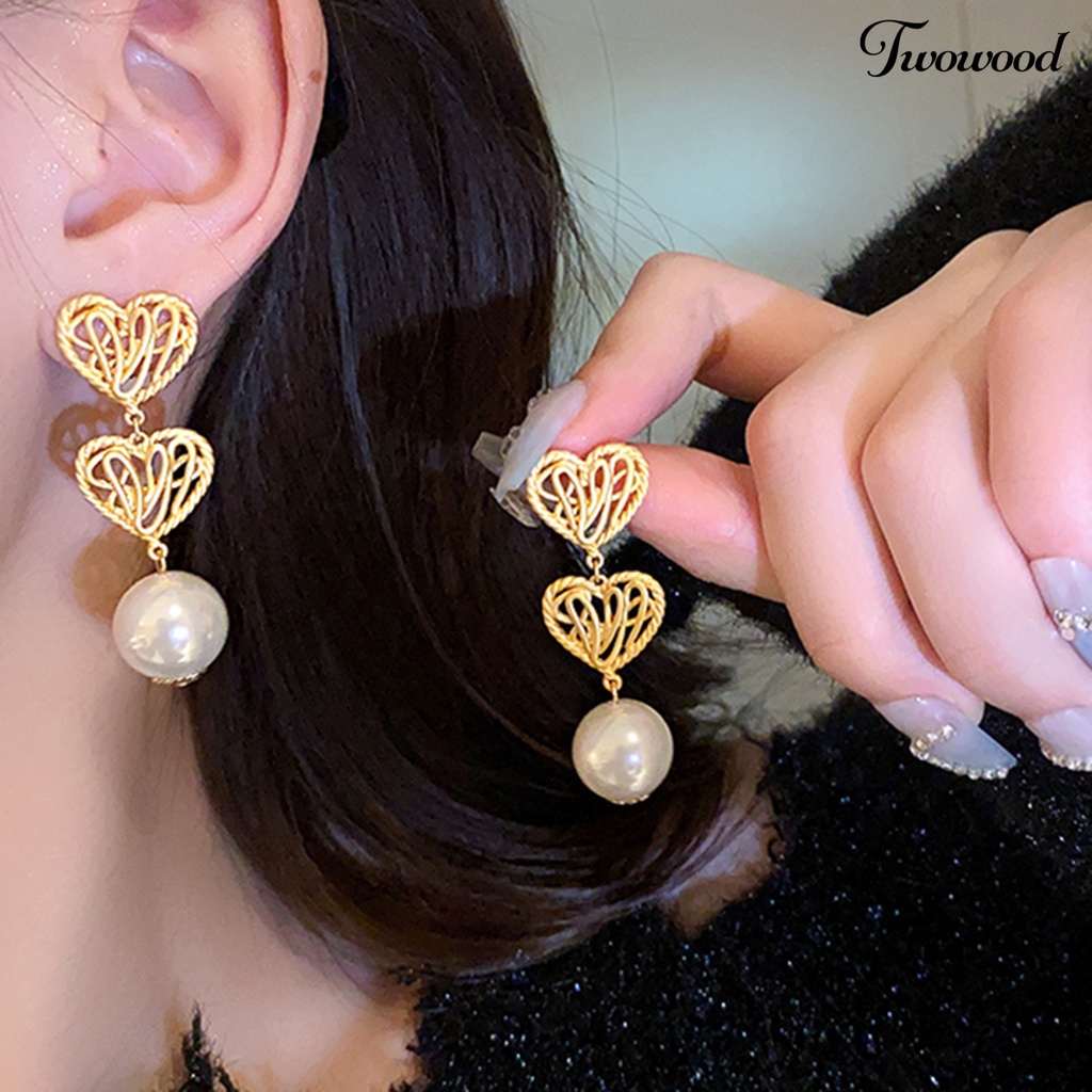 Twowood 1pasang Drop Earrings Electroplating Berlebihan Geometris Liontin Menawan Berdandan Hypoallergenic Hati Emas Anting Mutiara Imitasi Perhiasan Fashion