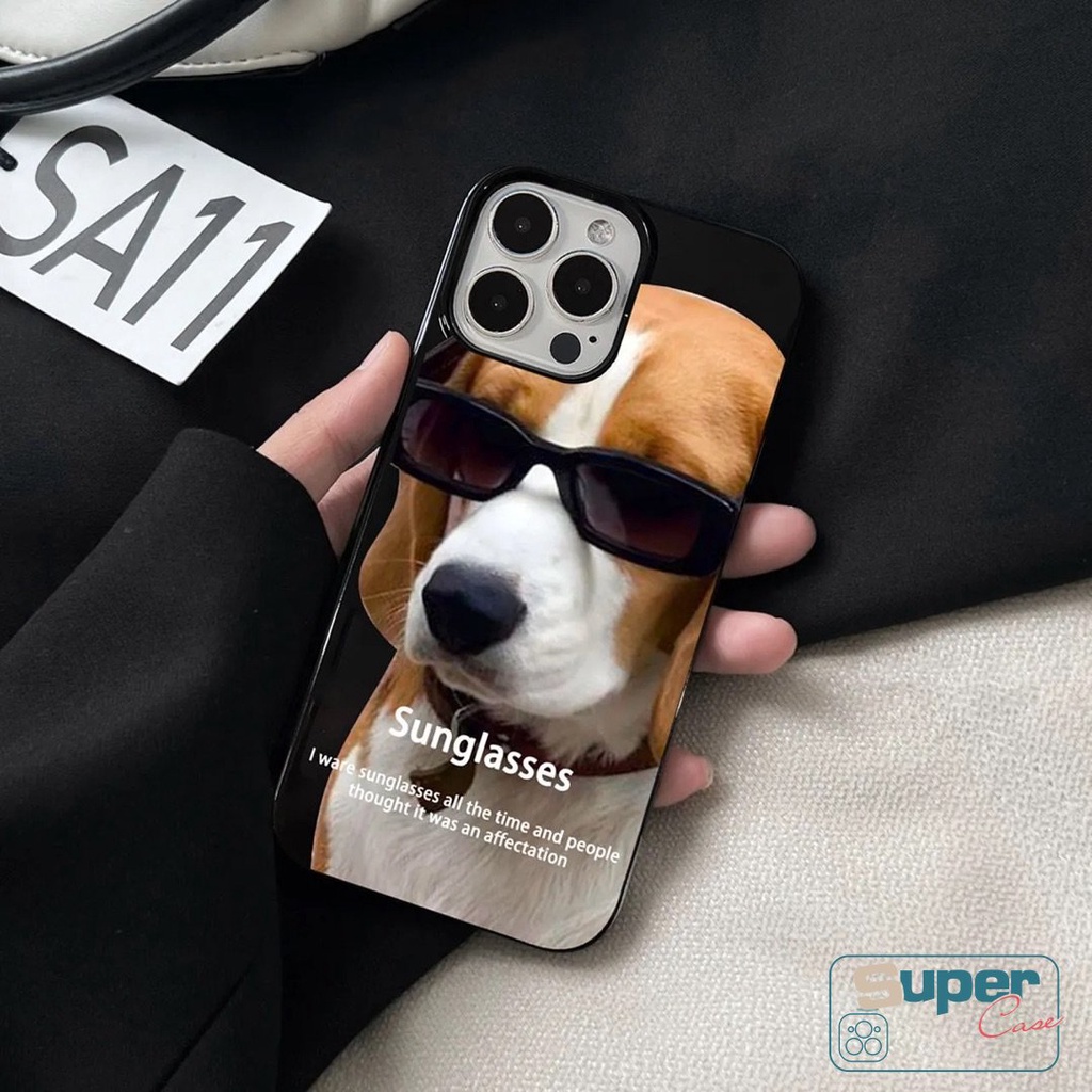 Anjing Lucu Dengan Kacamata Hitam Glossy Case Kompatibel Untuk IPhone 7plus XR 11 Pro Max13 14 12 Pro Max 7 8 Plus X XS Max SE 2020 Fashion Scare Kartun Kucing Shockproof Halus Lembut Casing Belakang