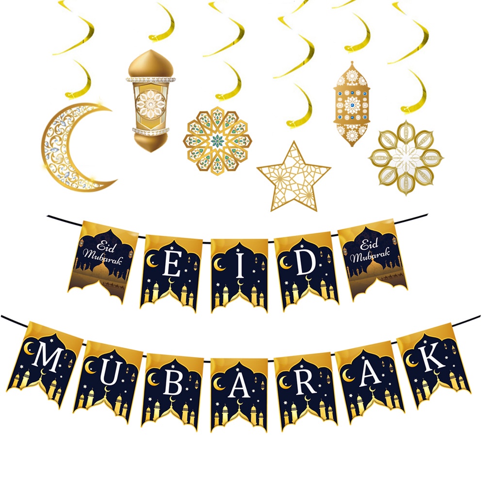 Eid Mubarak Golden Moon Star Spiral Ornamen Balon Idul Fitri Flag Banner Background Balon Bulan Bintang Eid Mubarak Set Balon Bulan Bintang Eid Mubarak